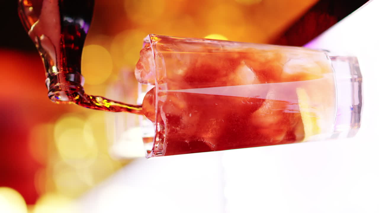 Barman pouring soda into an ice glass at the bar at night with red neon lights, slow motion vertical screen