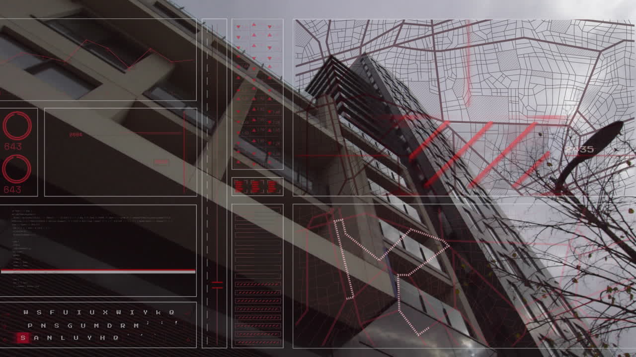 animación de círculos de carga, números cambiantes, patrón de navegación, vista de ángulo bajo del edificio