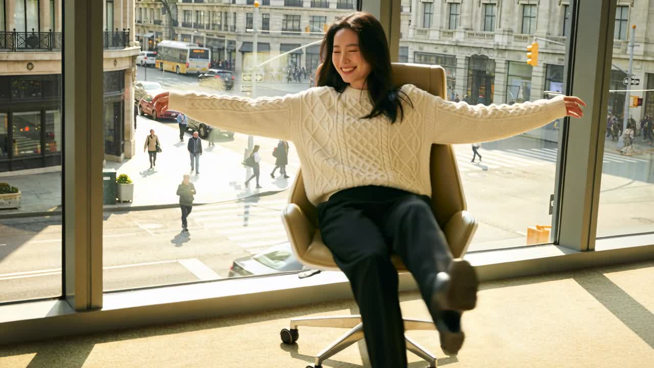 一位亞洲女士在陽光充沛的房間裡，身穿毛衣，向後靠在轉椅上，伸展身體並試用椅子。