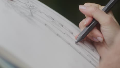 person sketching plants in notepad with shading pencil