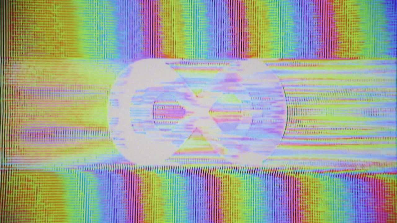 Glitch TV analogico, Segno dell'Infinito, Texture di Rumore Statico a Colori Arcobaleno.