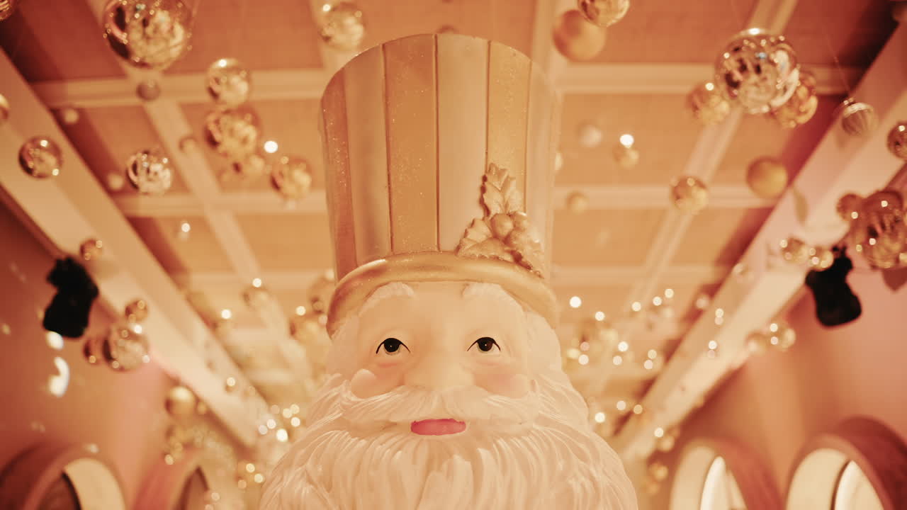 Close up of a Santa Claus figure inside a festive Christmas installation with warm lights and ornaments