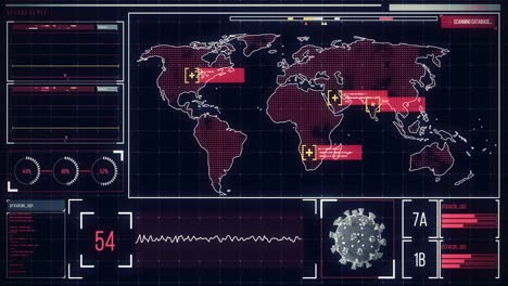 animation of the world map on a screen with icons popping, macro coronavirus covid-19 cell analyzed