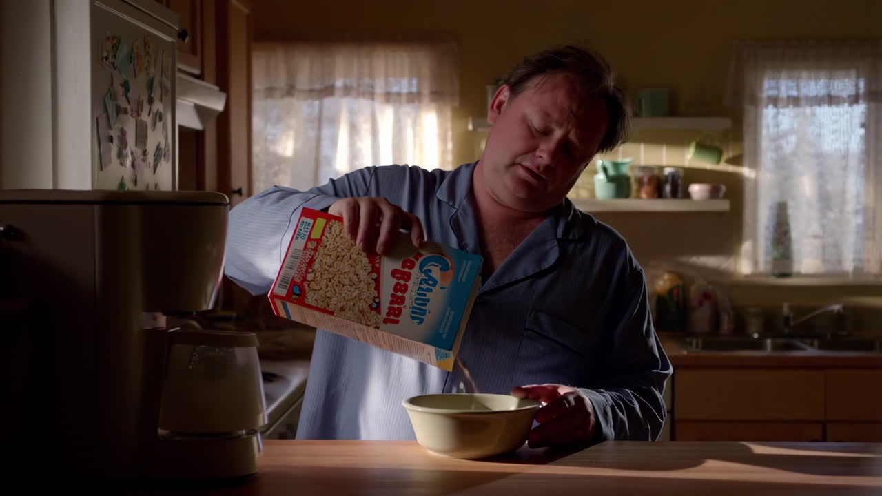 Man in pajamas pouring cereal for breakfast in the kitchen