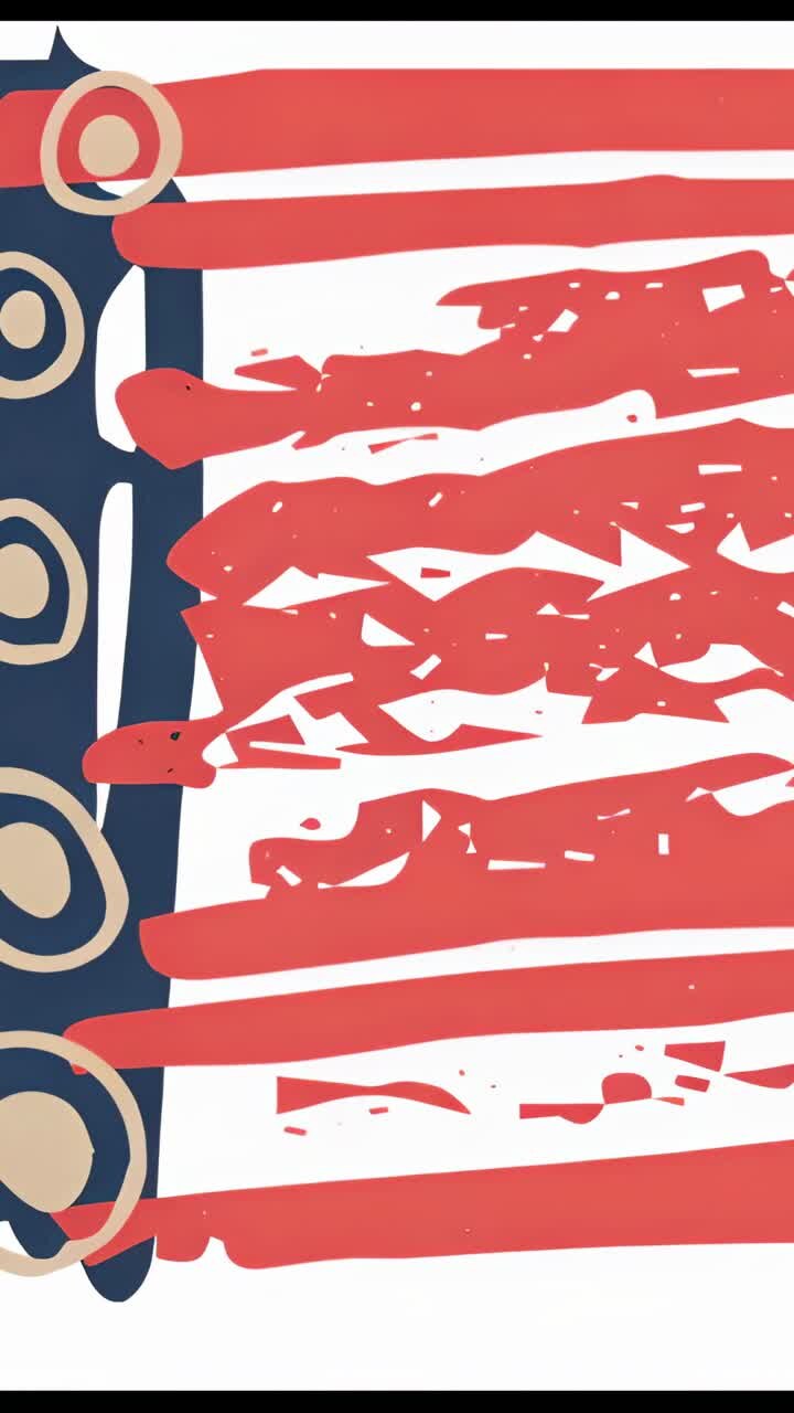 Vertical video: Canvas opening revealing navy panel and red stripes shedding fragments for confetti