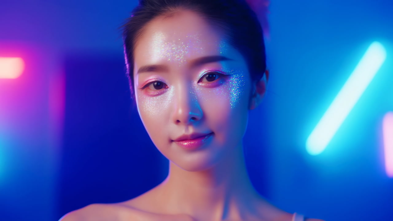 Asian Woman Neon Studio Closeup Glitter, Soft Luminous Skin Under Blue And Magenta LED Tubes, Serene