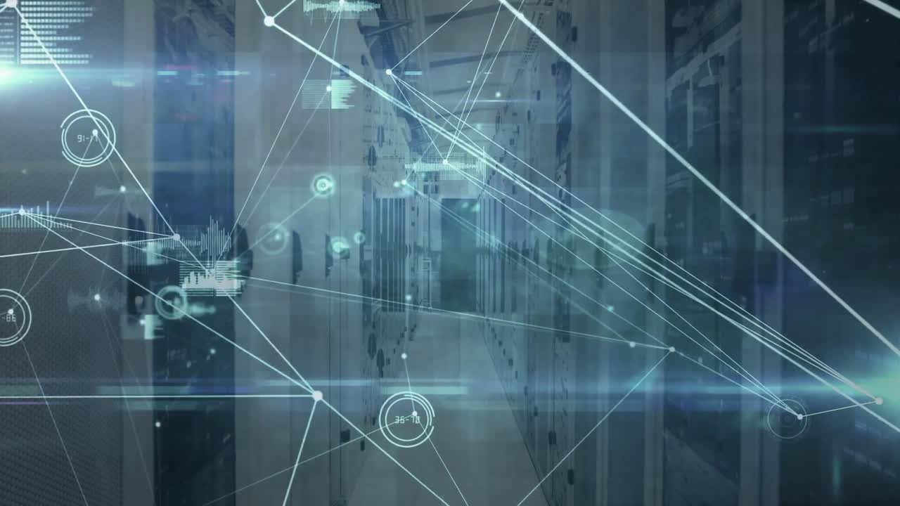 On faint nodes appearing, network overlay expanding across server racks, scanning system health