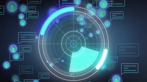 animación de iconos de medios y escaneo de alcance sobre fondo azul