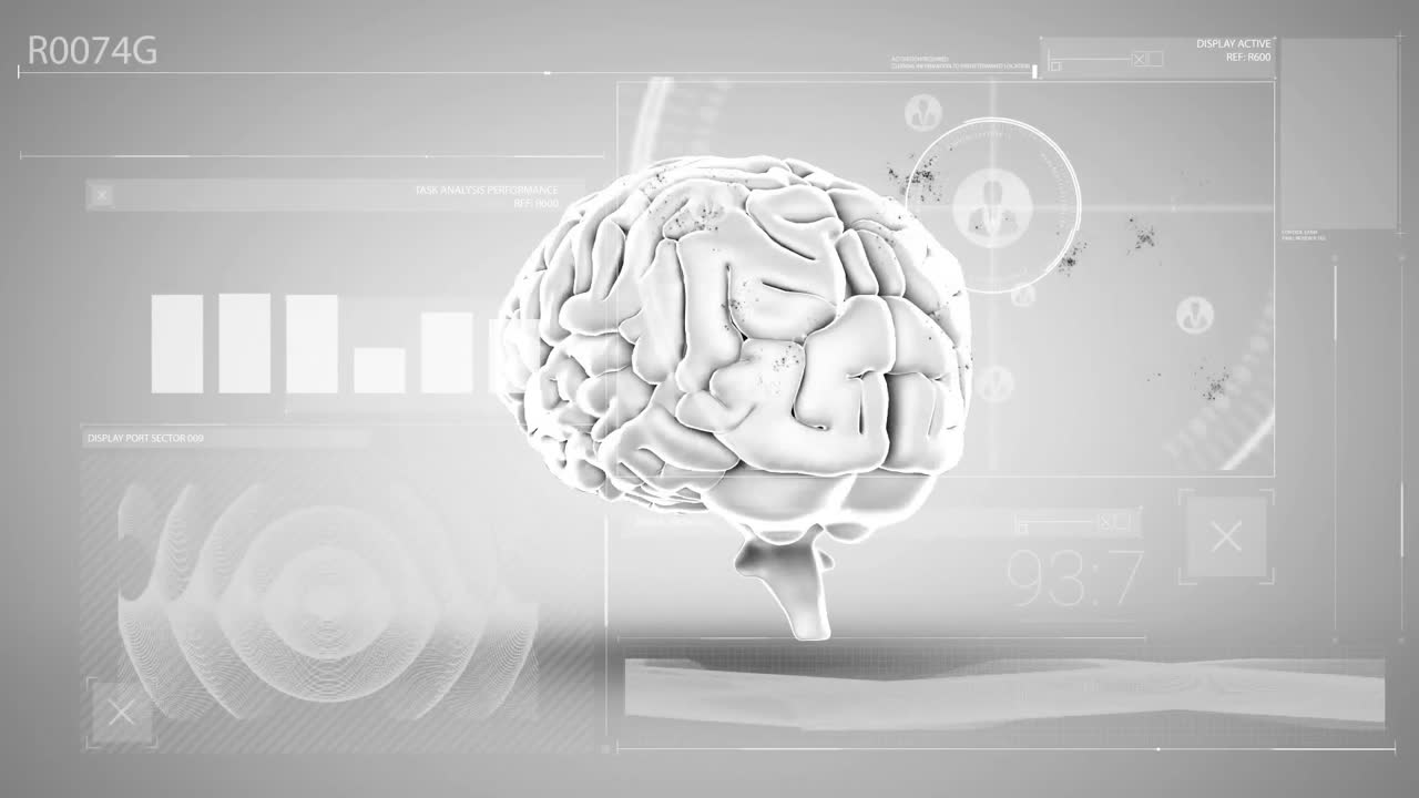 백색 배경에 데이터 처리 및 디지털 두뇌의 애니메이션