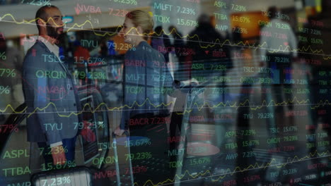animation of data processing over diverse business people at airport