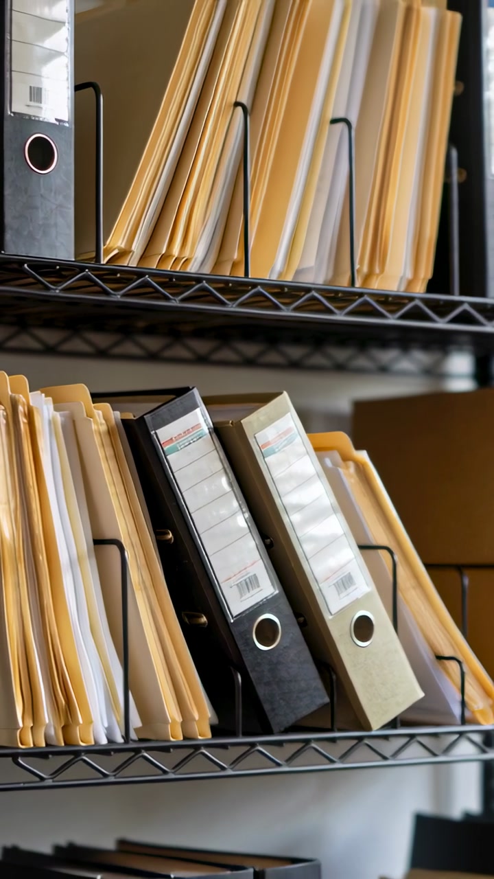 Vertical video: Pulling back cam showing wire shelving with manila files and two binders in office