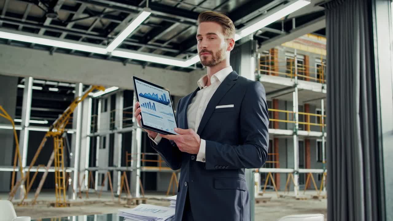 Businessman Presenting Real Estate Project Data on Tablet at Construction Site