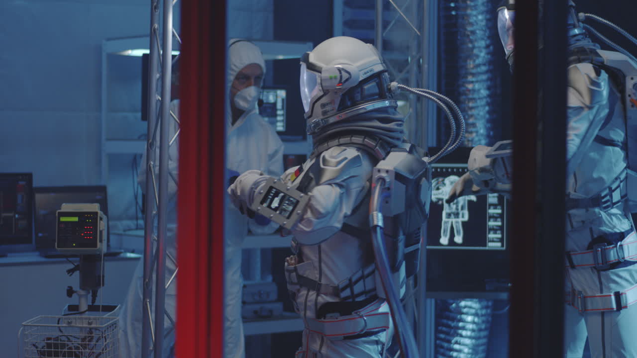 Astronauts in a Futuristic Research Lab