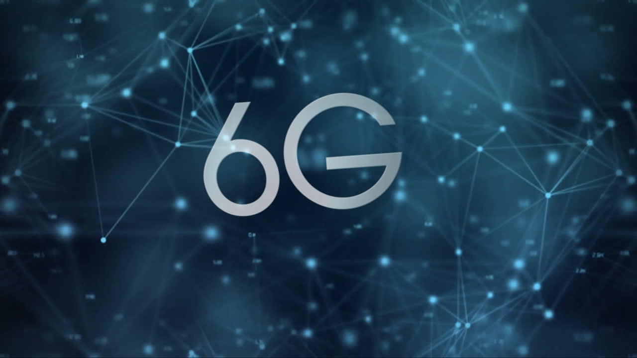 Animation of network of connections with 6g text on black background