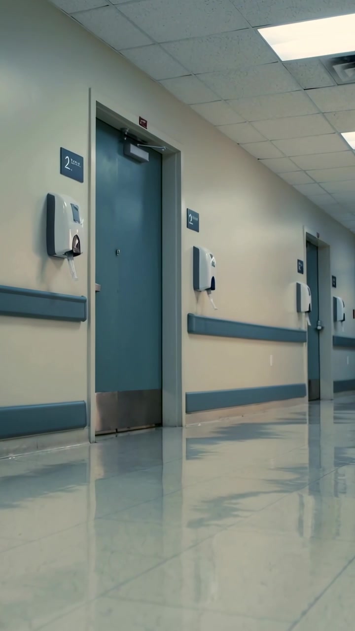 Vídeo vertical: Tomada inclinada em ângulo baixo capturando porta azul em corredor de clínica com placa de proteção número 2.