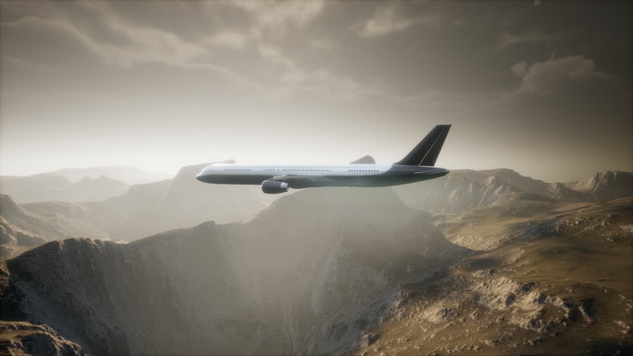 Passenger aircraft over mountain landscape