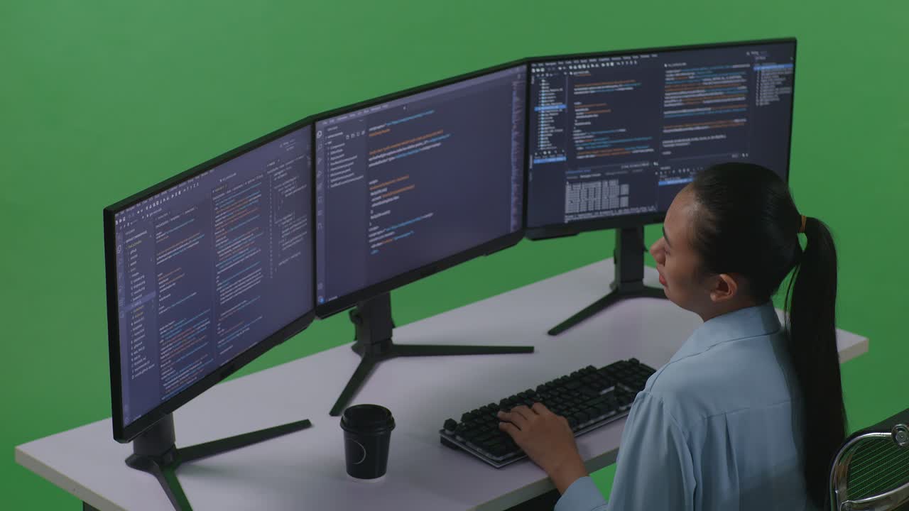 Woman Programmer Stretching at Multiple Monitors