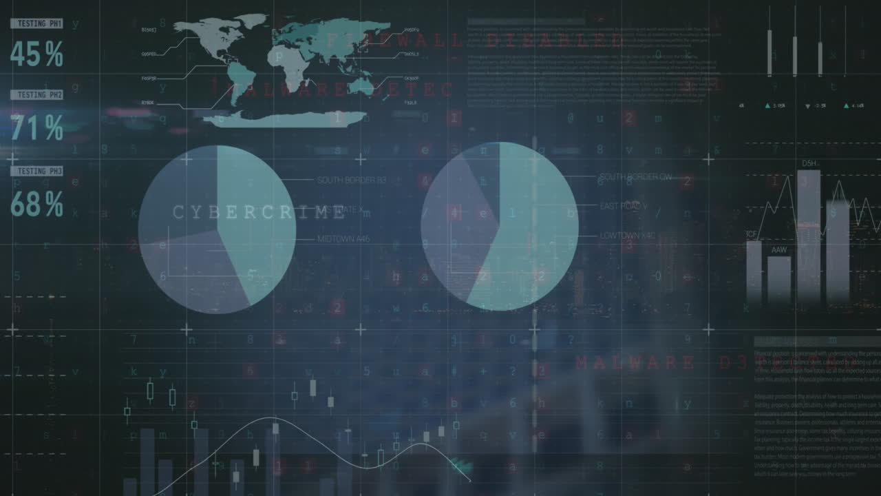 Animation of infographic interface over multiple texts, letters, symbols and numbers