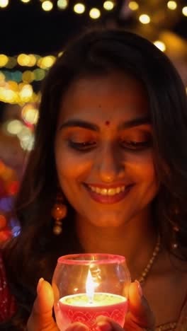 an indian woman is holding a candle in her hand, diwali tradition.