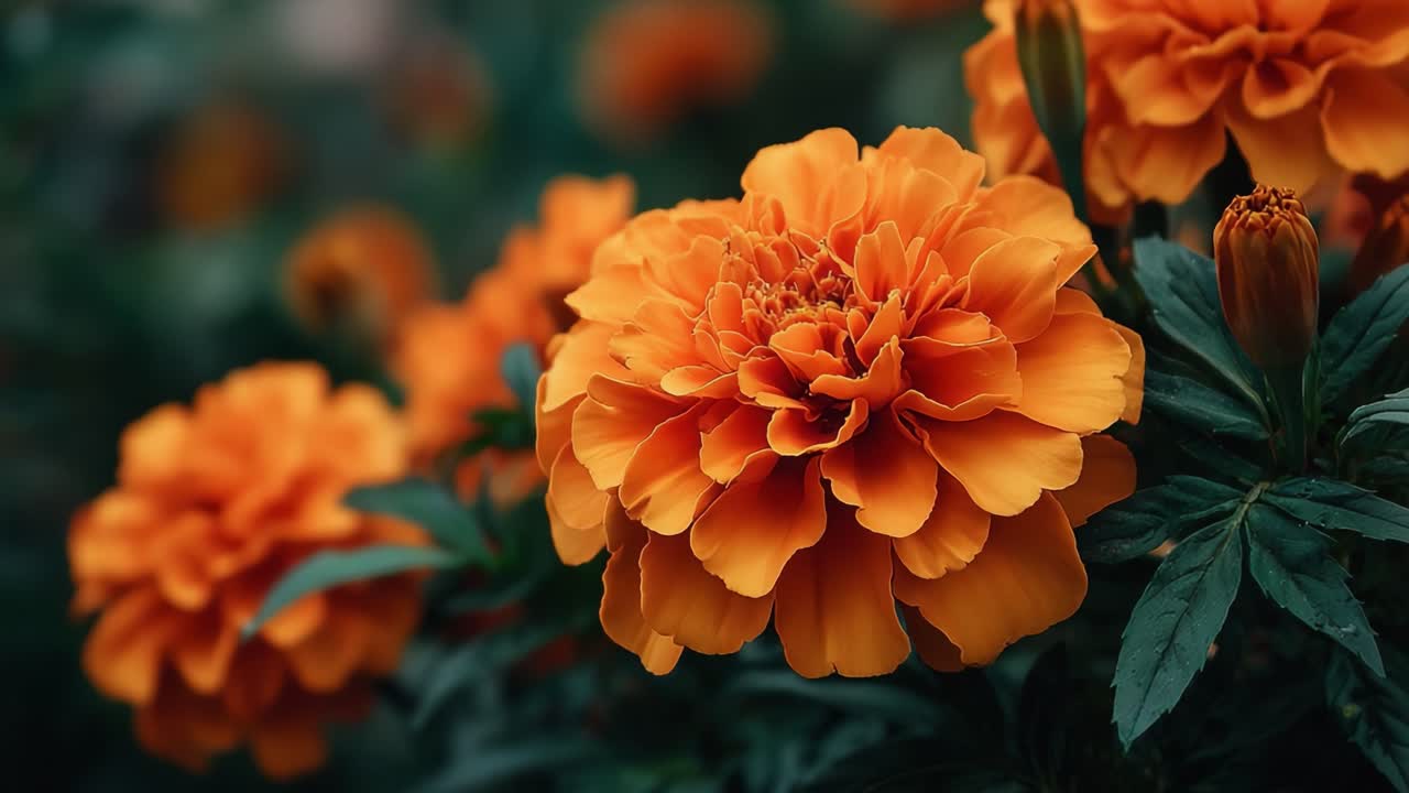 Flores de Calêndula Laranja Vibrantes Florescendo em Meio a uma Vegetação Exuberante, Exibindo Sua Plenitude e Cor Rica no Cenário do Jardim com Fundo Desfocado