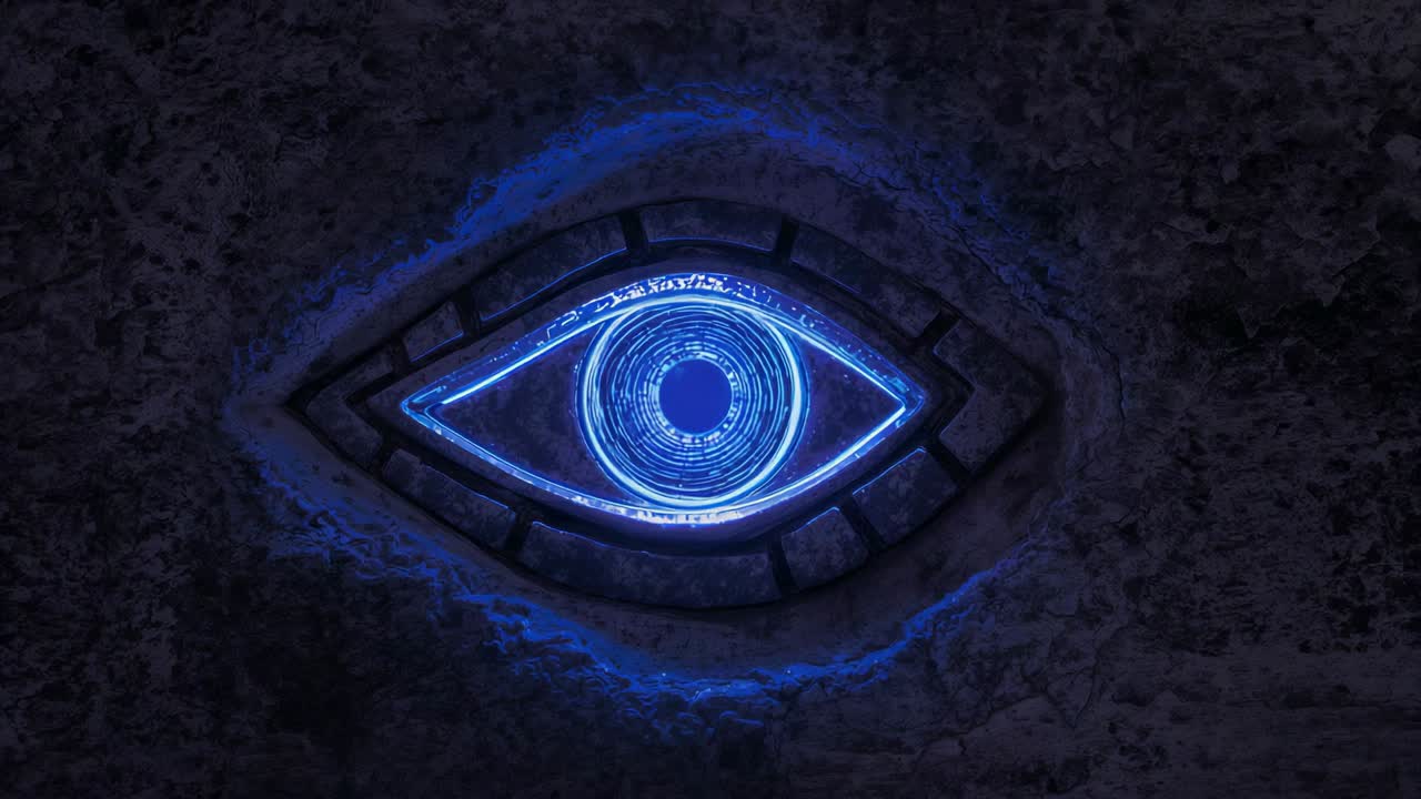 Cycling mechanical eye revealing glowing blue iris, closing into slit and reopening on stone wall