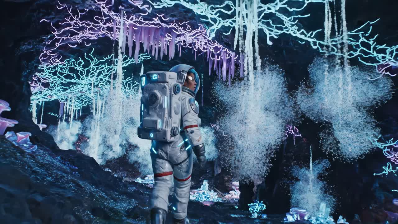 Astronaut udforsker en krystalgrotte