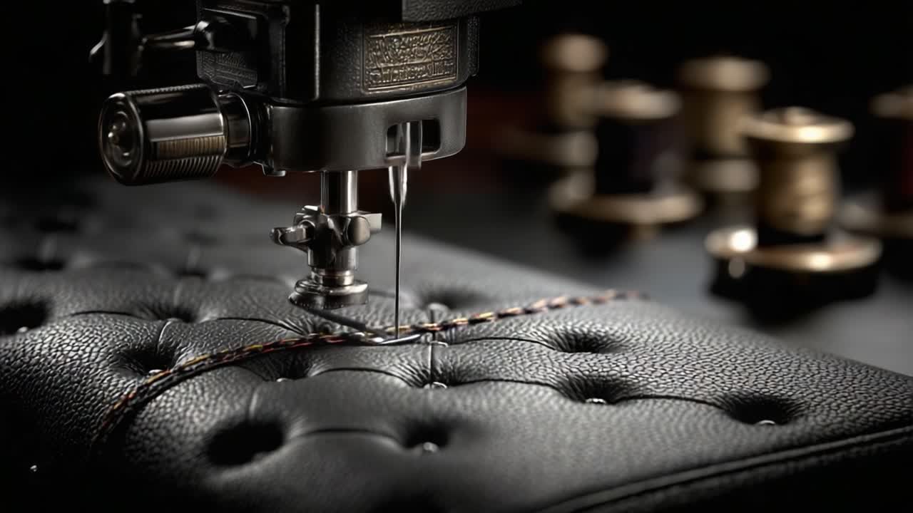 Meticulous Craftsmanship: A Close-Up of a Precision Sewing Machine Stitching Intricate Patterns on Luxurious Leather Upholstery