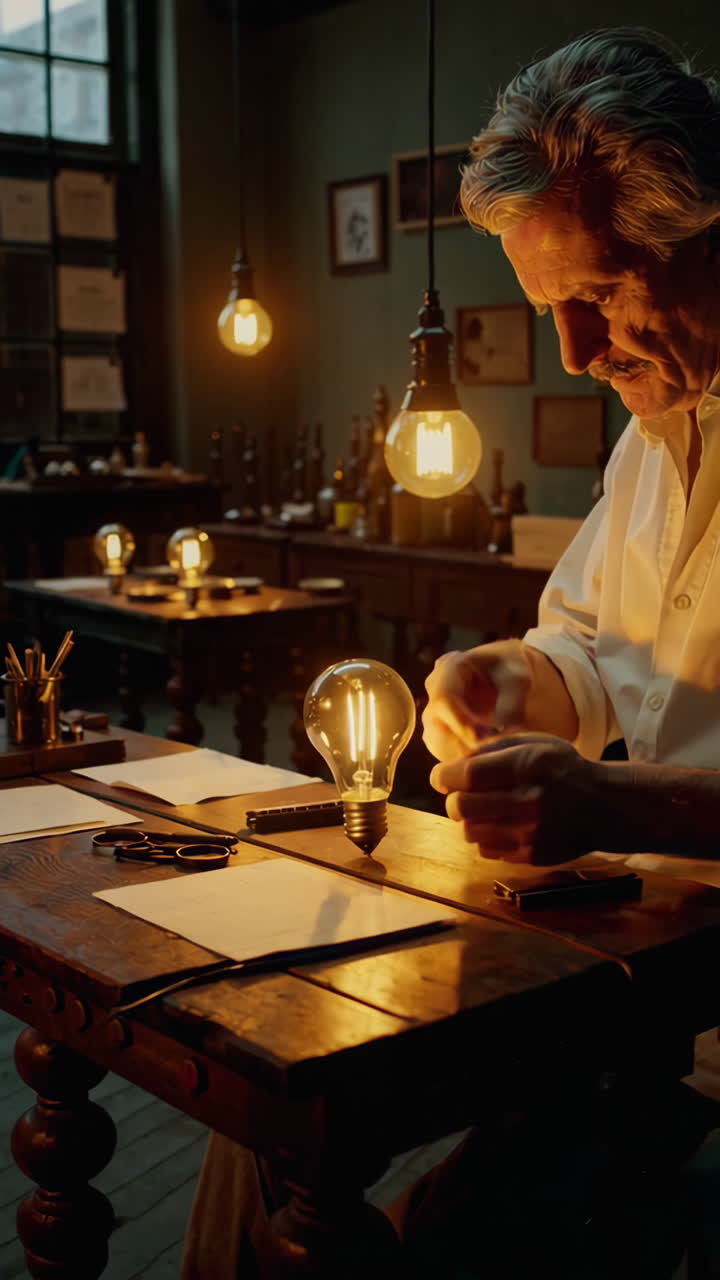 Inventor Working on a Lightbulb in a Vintage Laboratory
