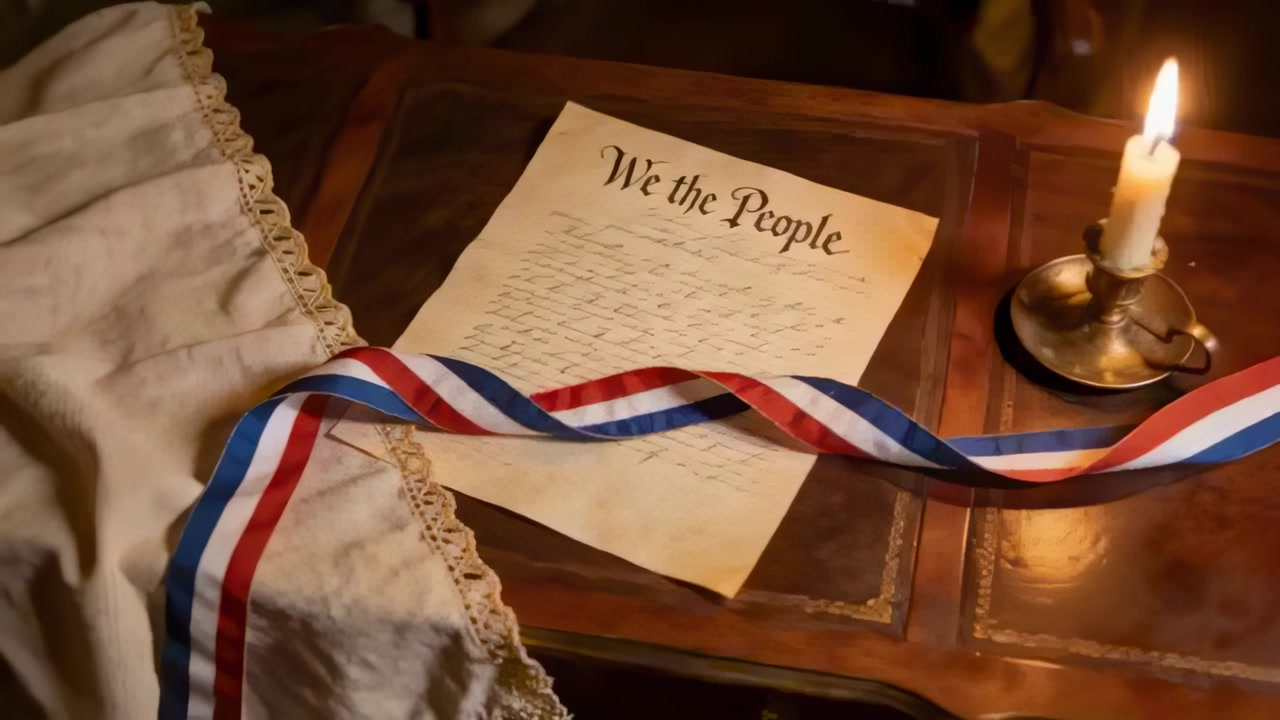 Shifting ribbon crossing paper titled WeThePeople on period desk, candle flickering, camera moving