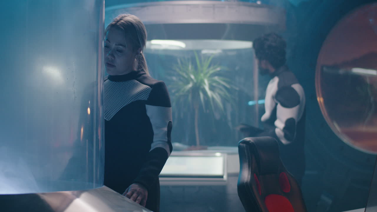 Astronauts working in a futuristic space laboratory