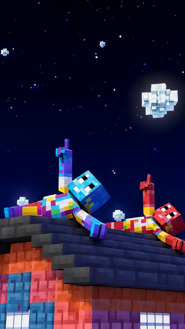 Vertical video: Pulling back camera, two blocky pals pointing upward on ...