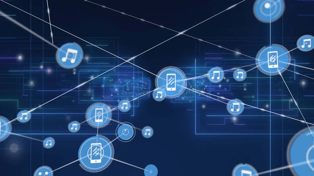 Animation with music and smartphone icons connecting over digital network background