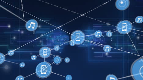 animation with music and smartphone icons connecting over digital network background