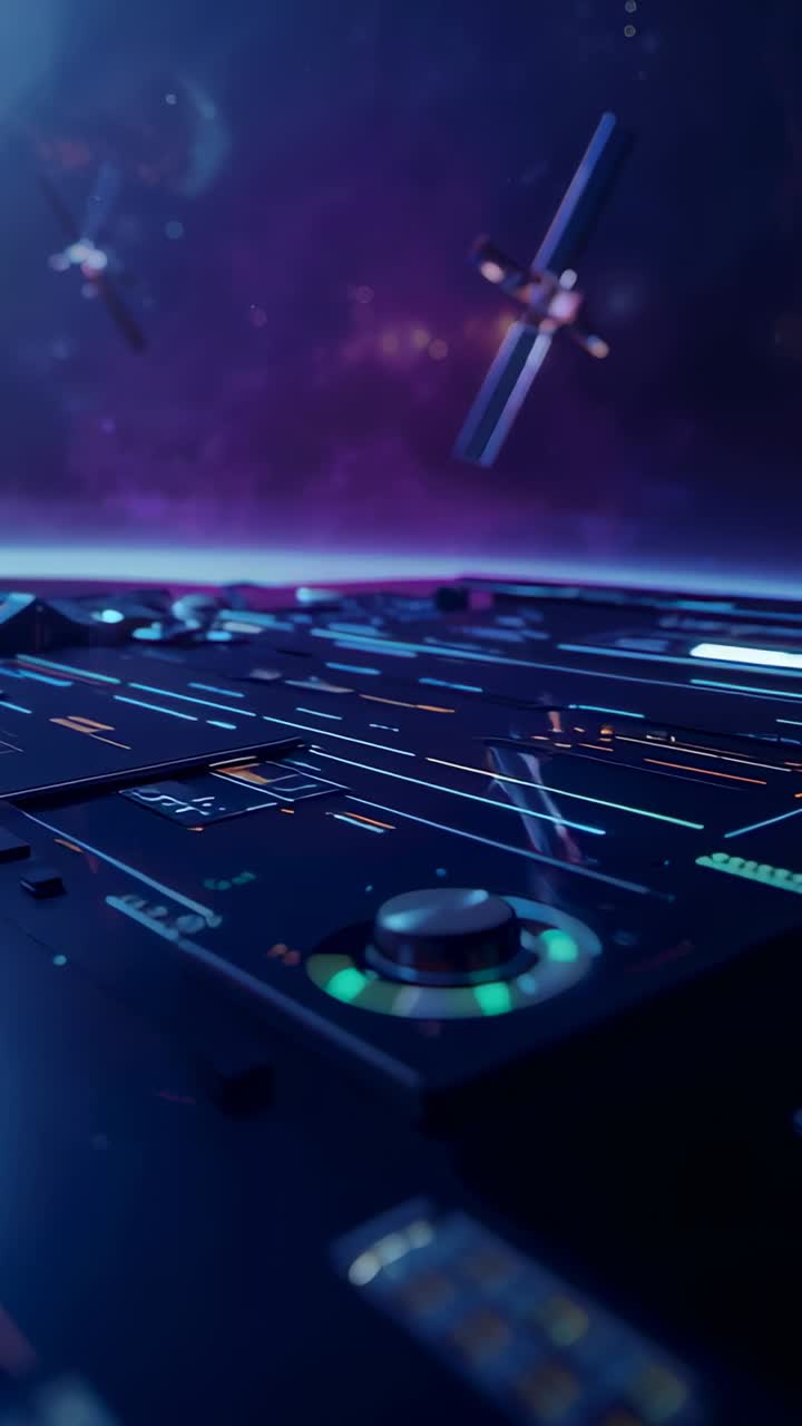 Vertical video: Panning camera revealing dark console in orbit and showing layout, with satellite