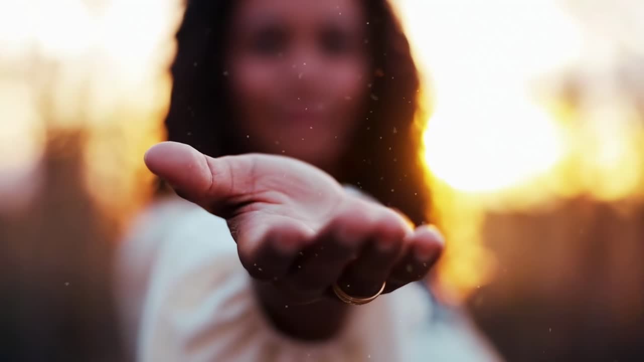 Ripresa video ravvicinata di una mano tesa contro un tramonto, che cattura un momento sereno