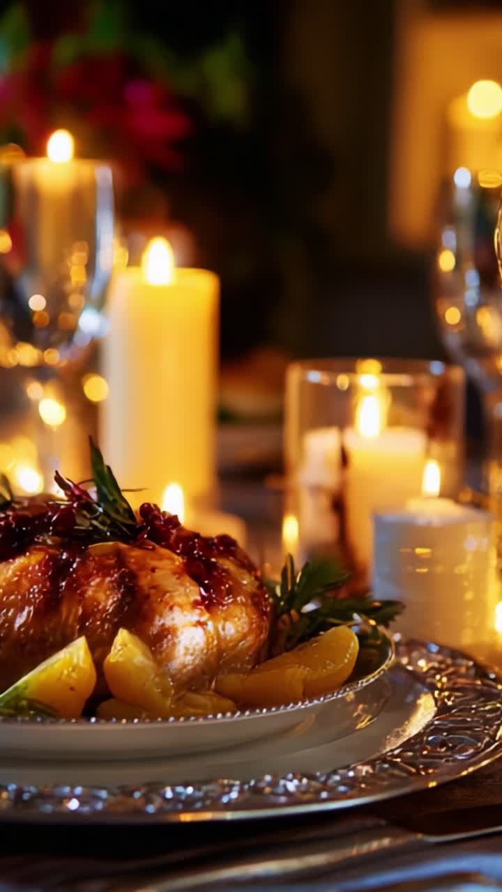 A beautifully arranged gourmet dining experience showcasing a succulent, roasted dish garnished with fresh herbs and citrus, elegantly surrounded by glowing candles and exquisite tableware