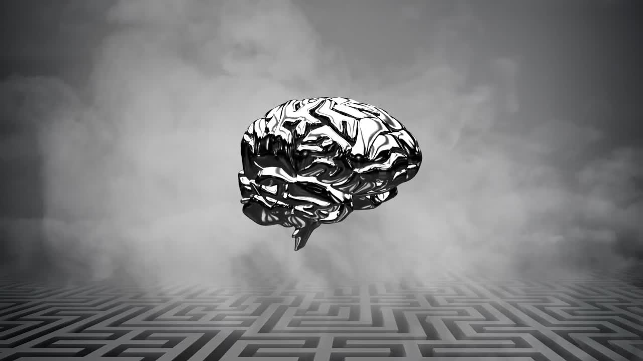 animación del cerebro digital sobre el laberinto y las nubes