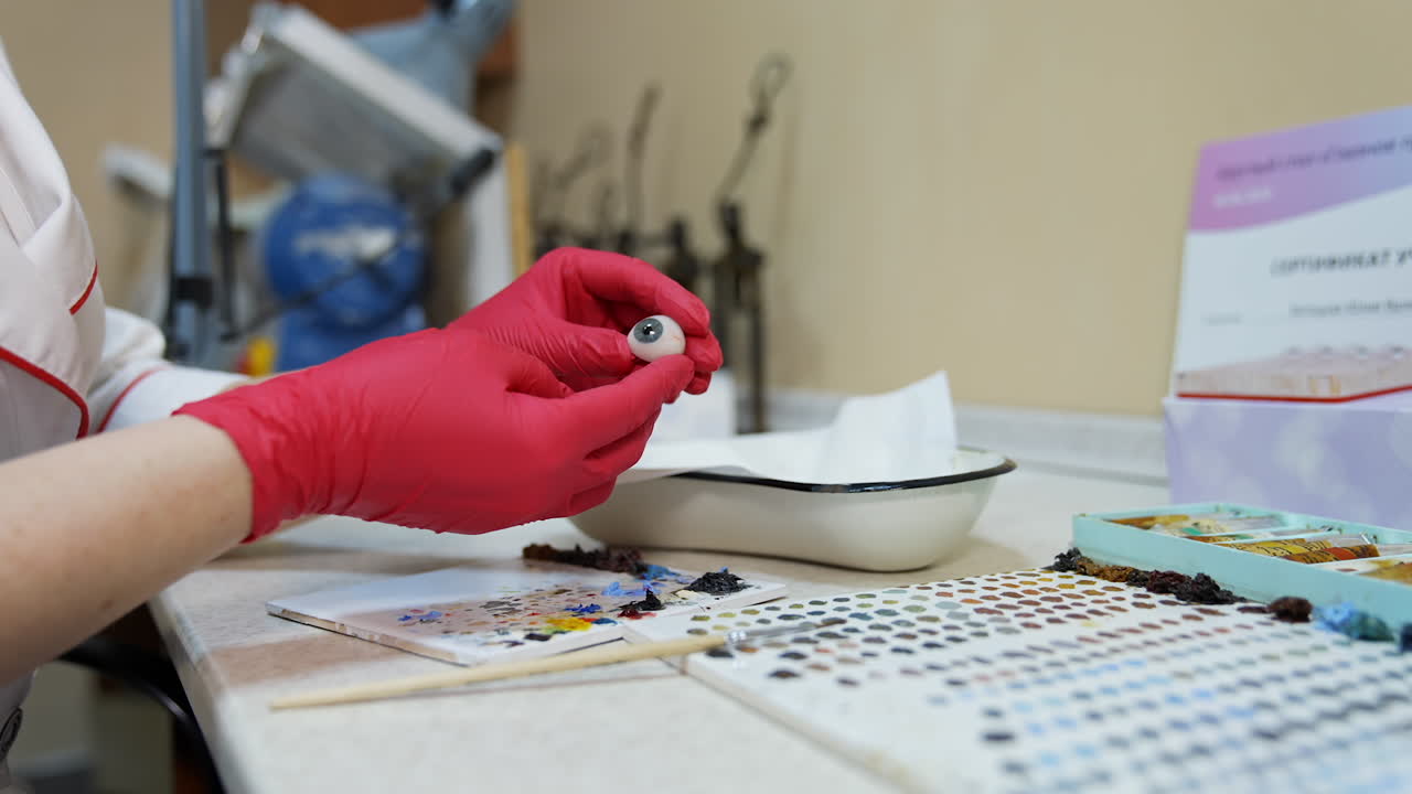 Ophthalmologist or surgeon holds an eye, eyeball prosthesis in hands . Concept video for ocular prosthesis, diagnosis treatment of ophthalmic diseases, surgical operations on eyes.