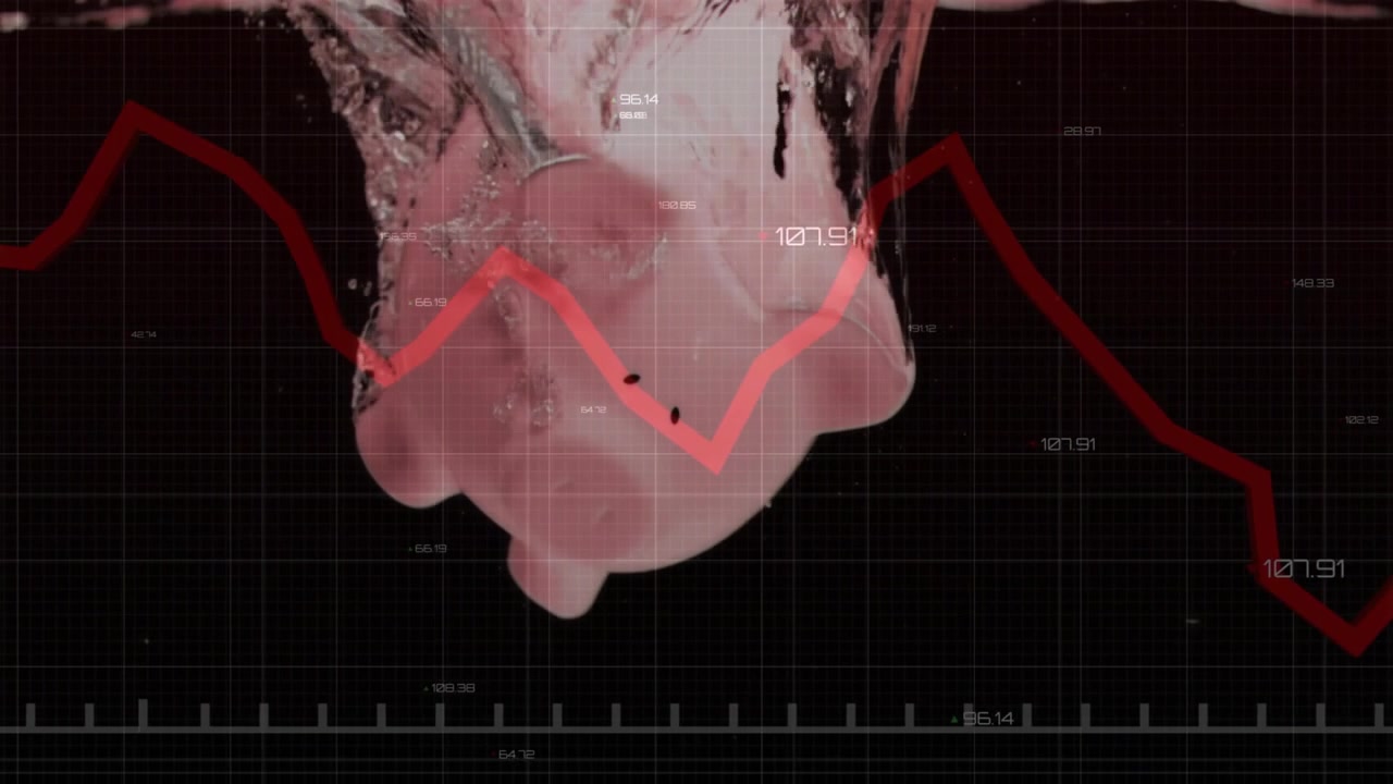 Video verticale: Innescato da un movimento di tendenza rosso, una massa rosa scende attraverso l'acqua su una griglia scura.