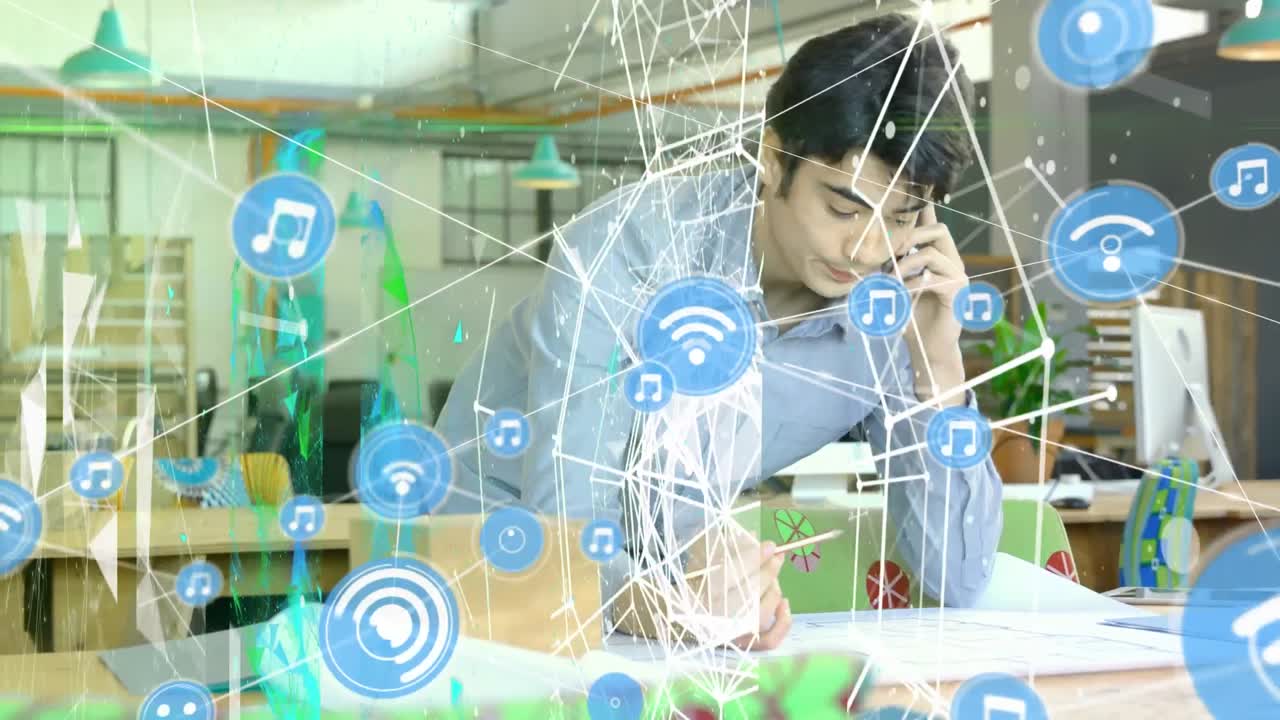 사무실에 있는 백인 사업가에 대한 연결 네트워크의 활성화