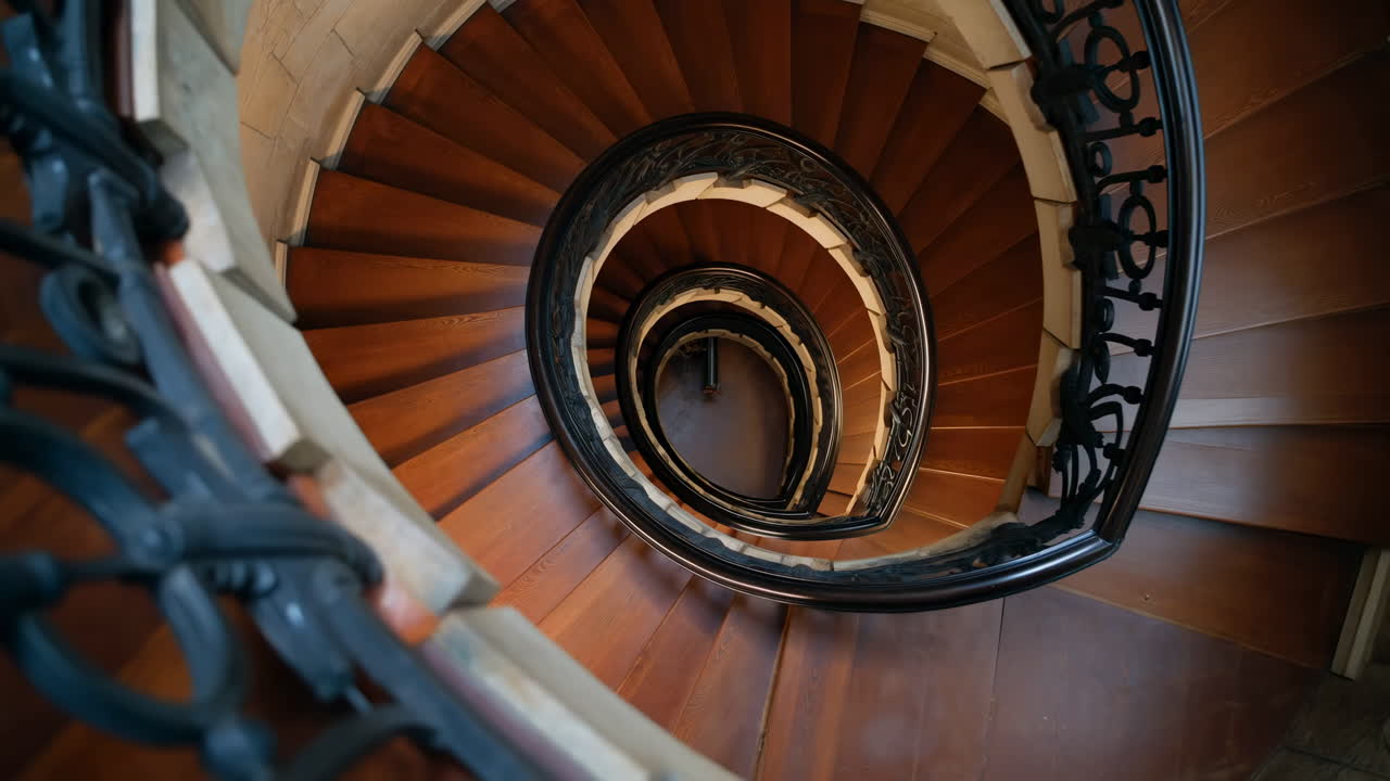 Ovenfra-perspektiv av en elegant spiraltrapp i tre