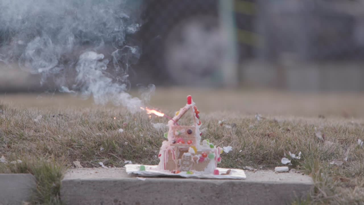 A Christmas ginger bread and graham cracker decoration has a large fire cracker or M 80 being lit on it by a flame from a blow torch