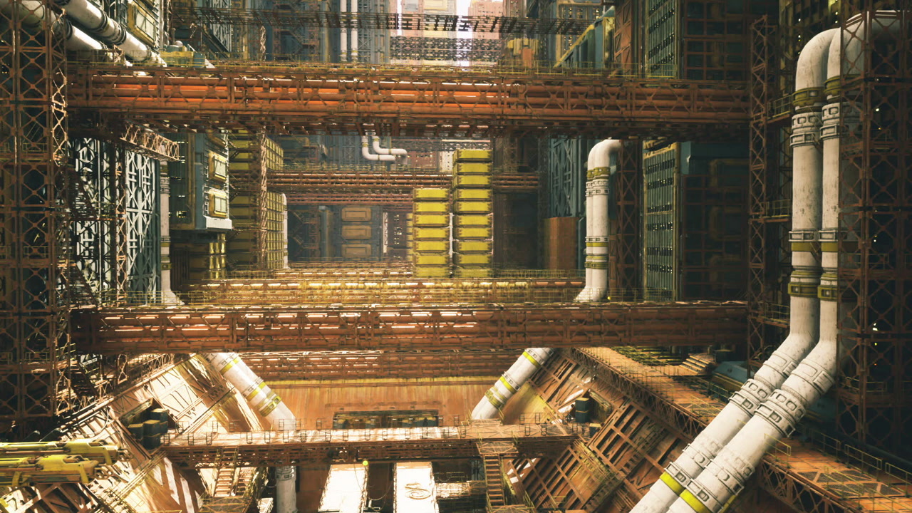 Complex refinery structure showcasing extensive scaffolding and pipe systems