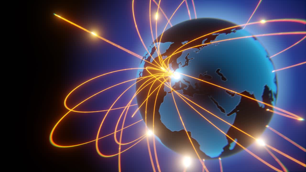 Globalizzazione tecnologica della Terra in animazione 3D. Punti di business globale su pianeta rotante