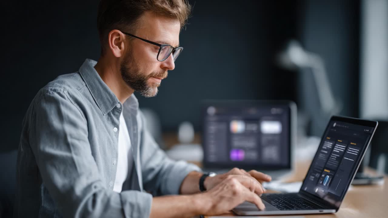 Focused Professional Working Intensely on a Laptop in a Modern Office Setting, Deeply Engaged in Tasks Surrounded by Technology and Tools for Productivity