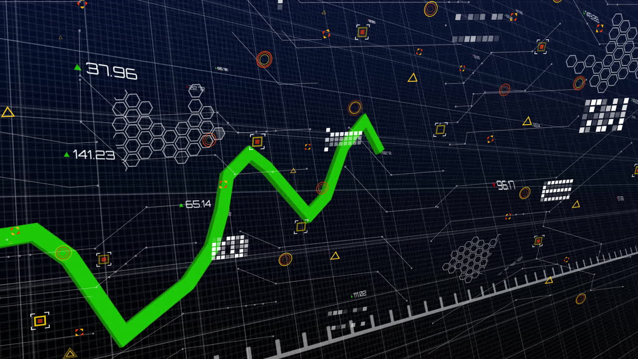 그리드 위의 녹색 선으로 금융 데이터 처리의 애니메이션