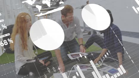 animation of statistical data processing over team of diverse colleagues discussing at office