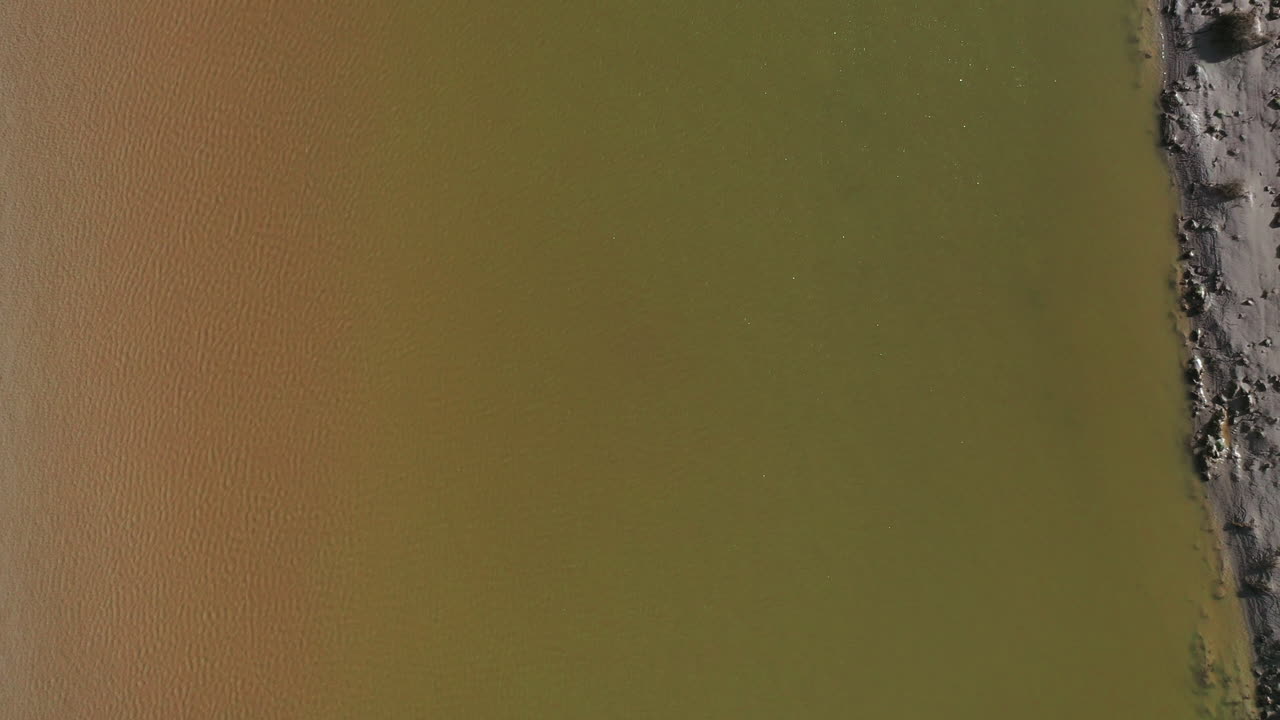 toma aérea que se eleva más arriba mostrando la vista de arriba hacia abajo de la línea de la costa durante la marea baja, en un día soleado