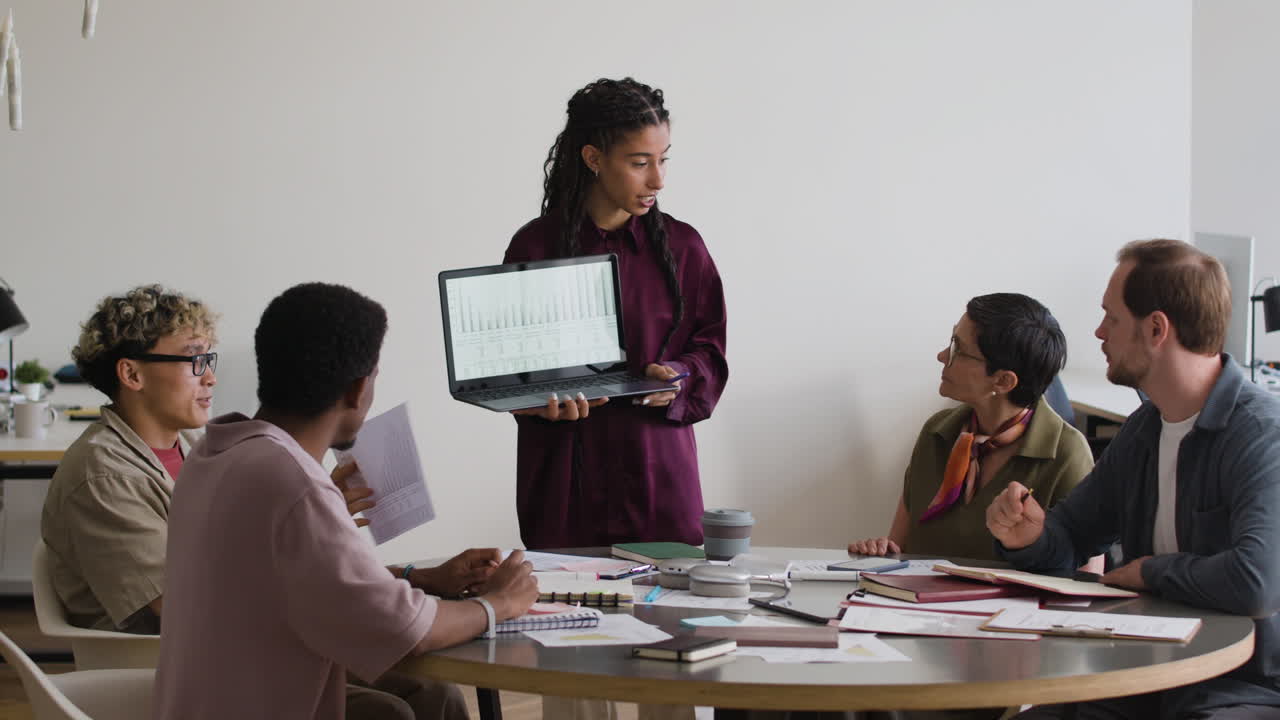 A diverse team conducts a business meeting and presentation