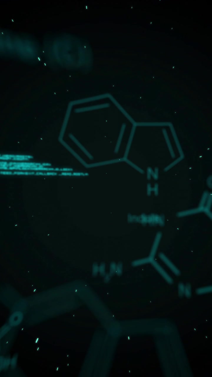 Animazione di strutture chimiche e formule molecolari su sfondo scuro con particelle fluttuanti